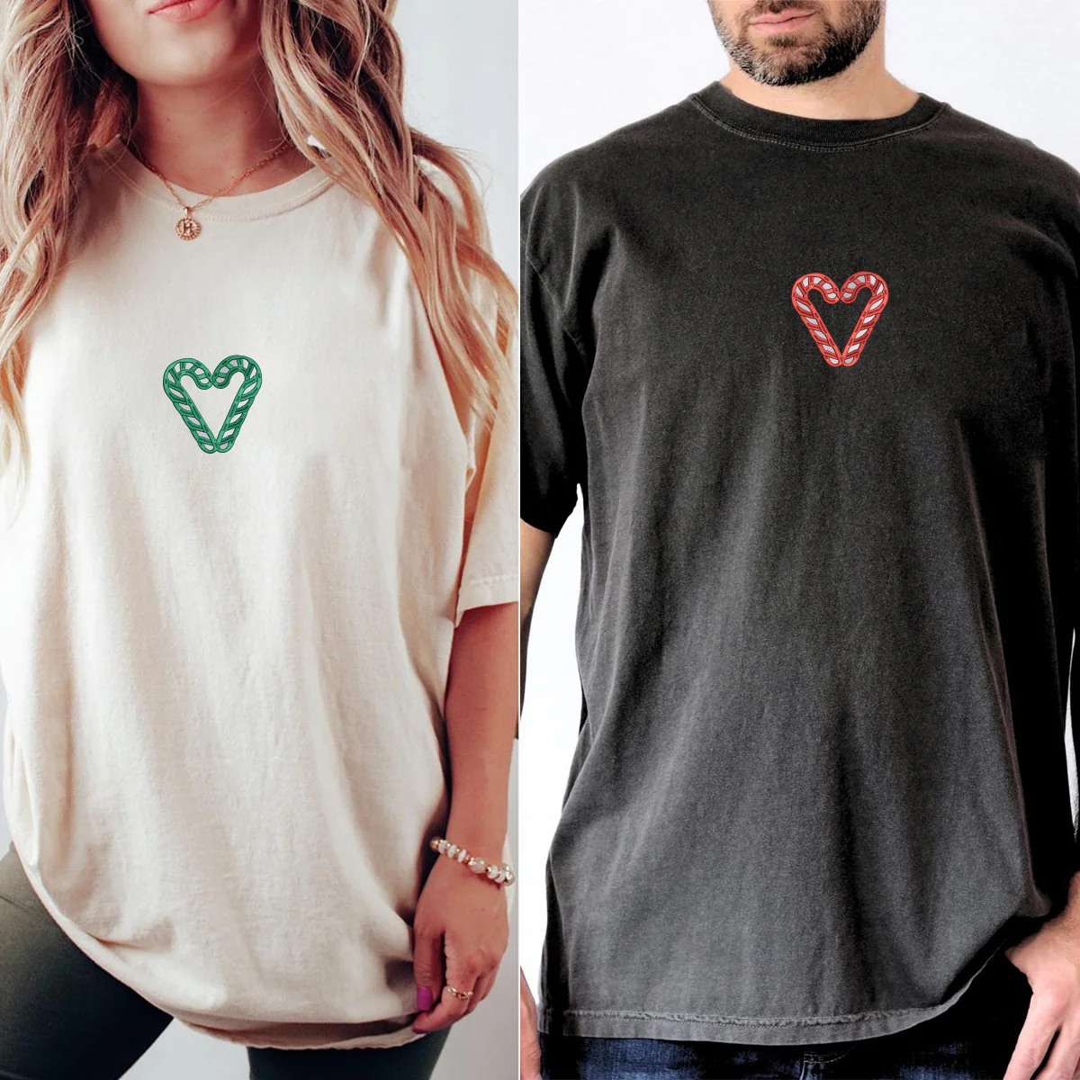 Custom Embroidered Candy Cane Matching T-shirts for Couples - Image 6