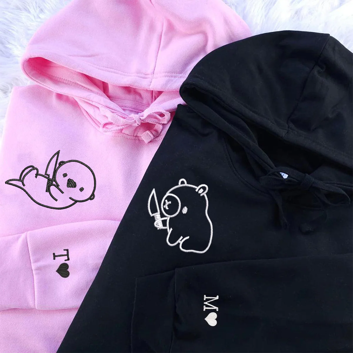 Custom Embroidered Capybara and Otter Matching Hoodies for Couples - Image 2