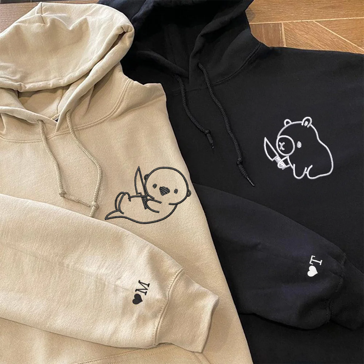 Custom Embroidered Capybara and Otter Matching Hoodies for Couples - Image 4