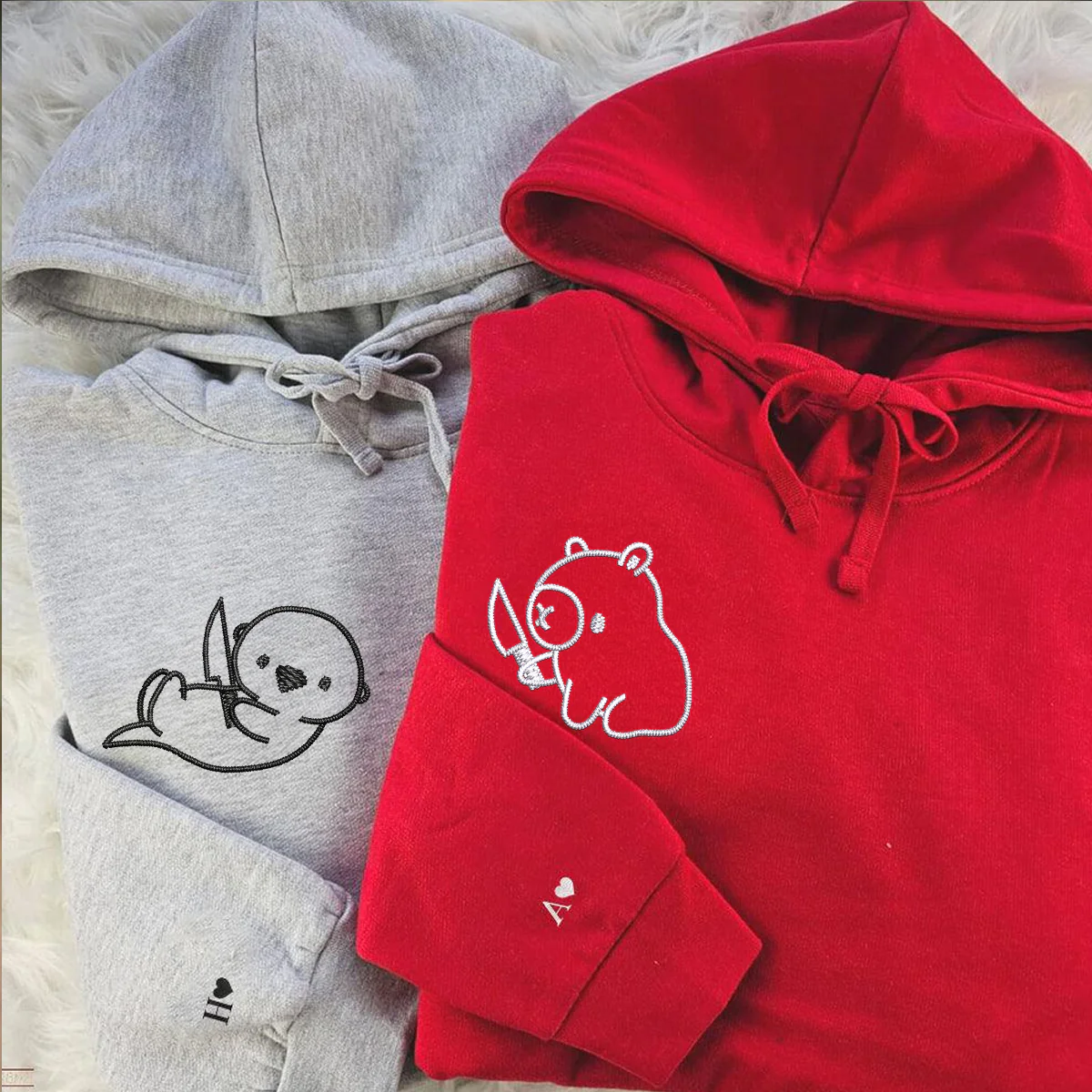 Custom Embroidered Capybara and Otter Matching Hoodies for Couples - Image 5
