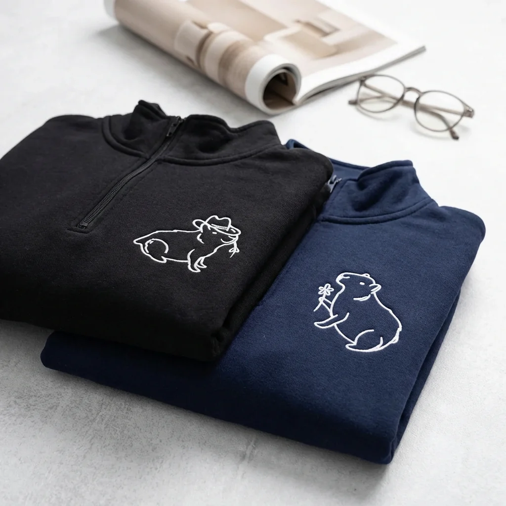 Custom Embroidered Capybara Matching Quarter Zip Sweatshirts & Full-Zip Hoodie for Couples - Image 2