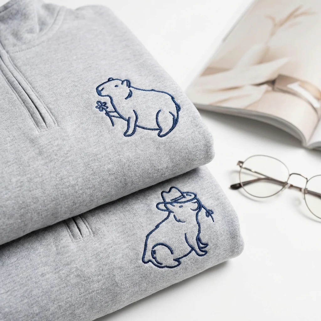 Custom Embroidered Capybara Matching Quarter Zip Sweatshirts & Full-Zip Hoodie for Couples - Image 3