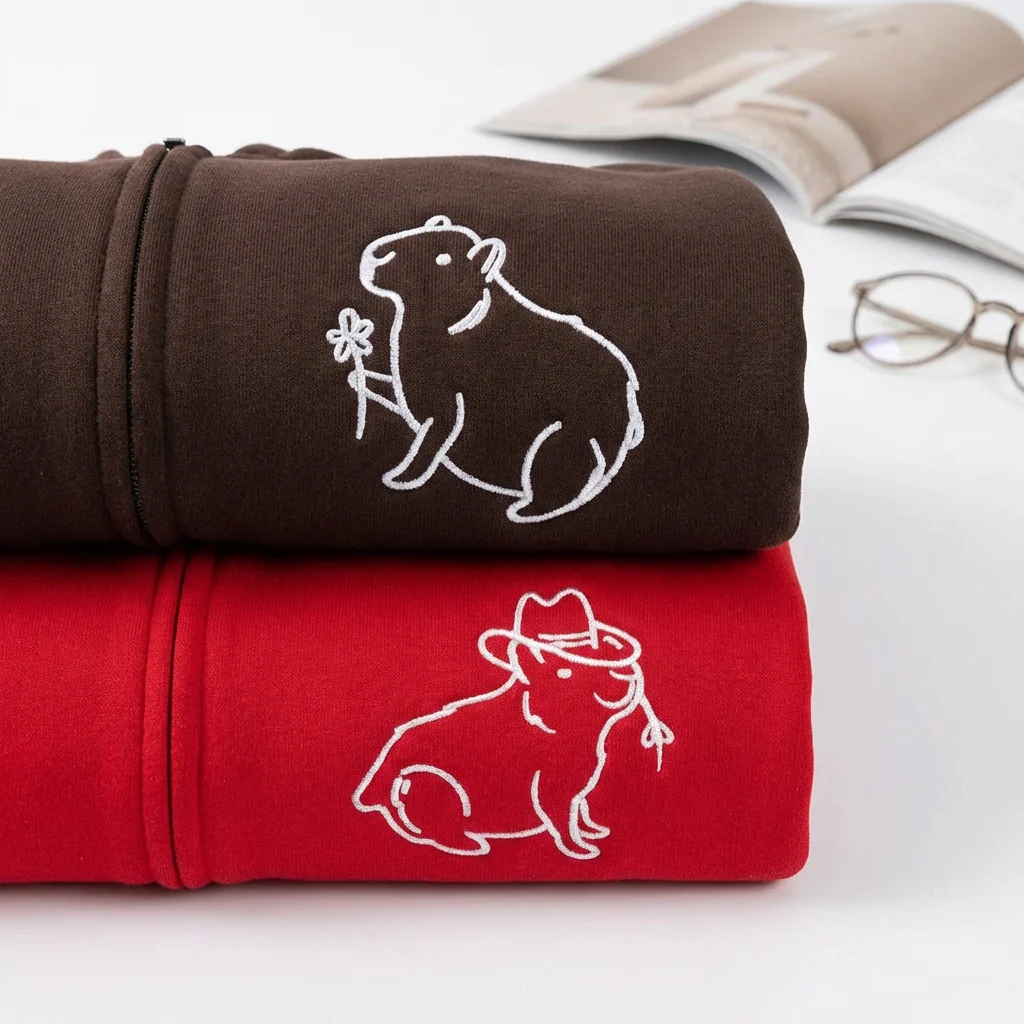 Custom Embroidered Capybara Matching Quarter Zip Sweatshirts & Full-Zip Hoodie for Couples - Image 4