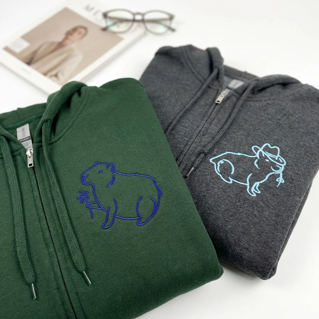 Custom Embroidered Capybara Matching Quarter Zip Sweatshirts & Full-Zip Hoodie for Couples - Image 6