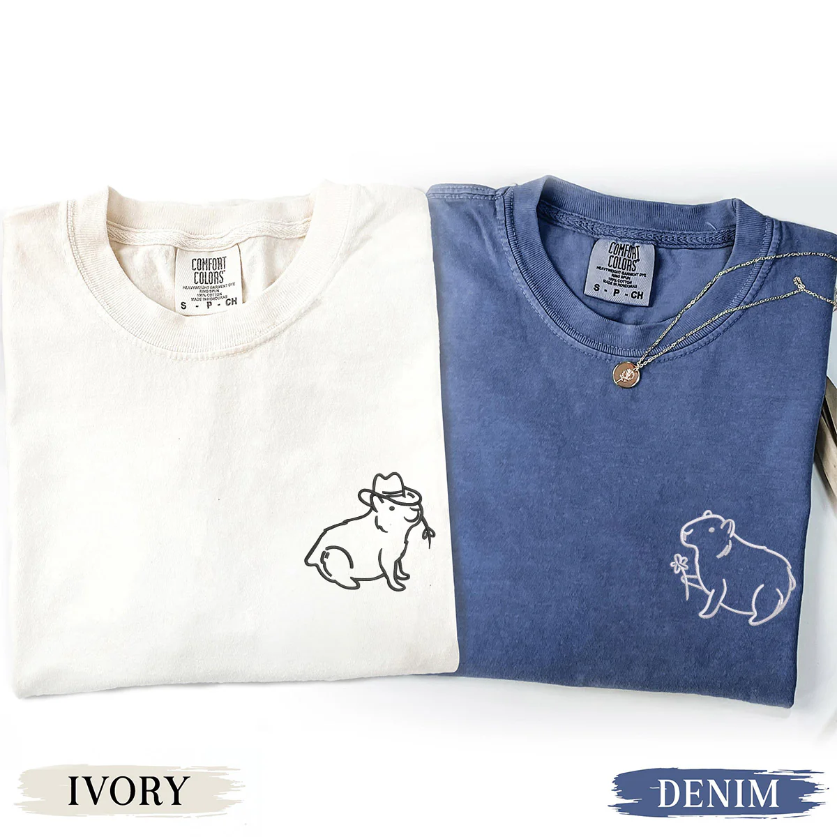 Custom Embroidered Capybara Matching T-shirts for Couples - Image 2