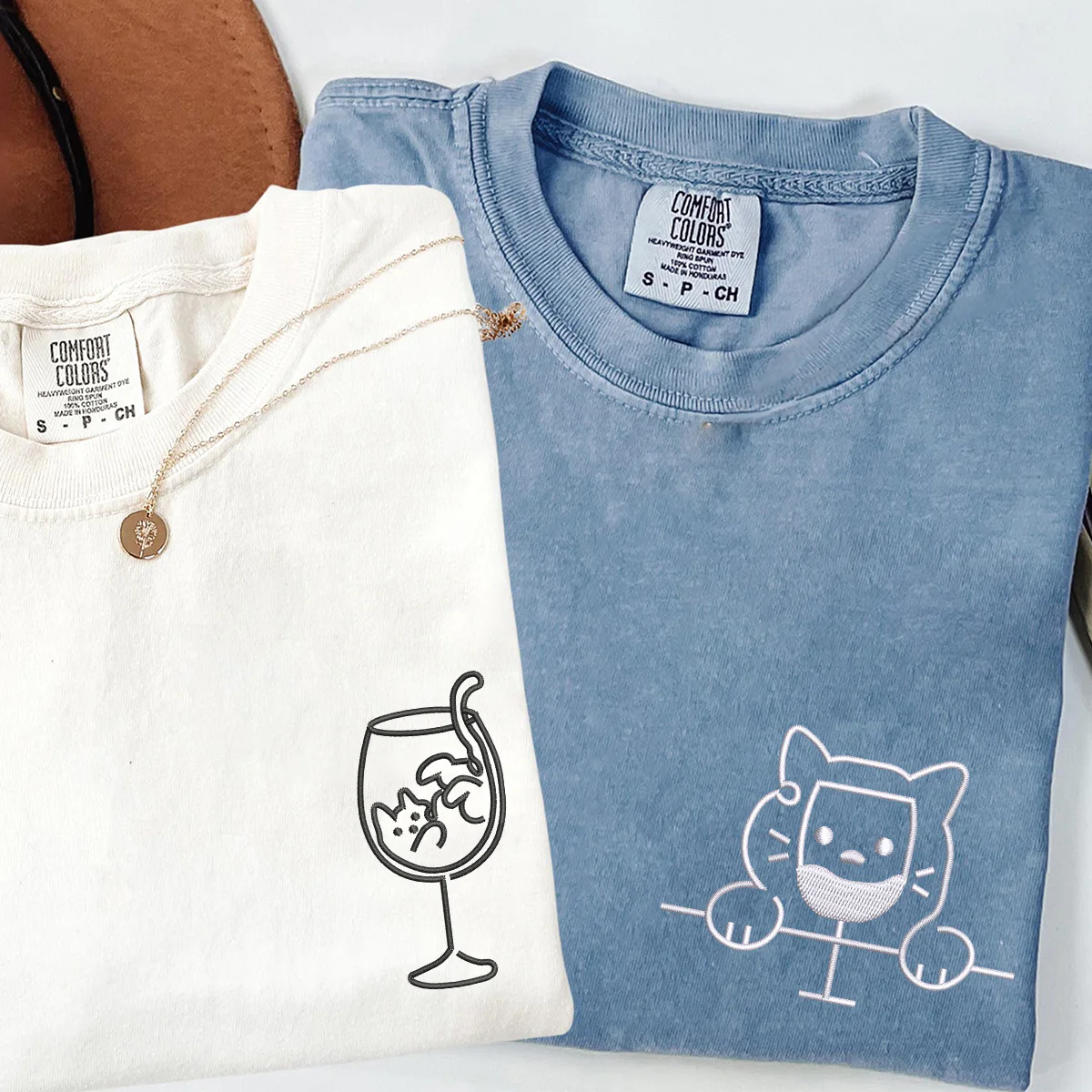 Custom Embroidered Cat Drinking Glasses Matching T-shirts for Couples - Image 2