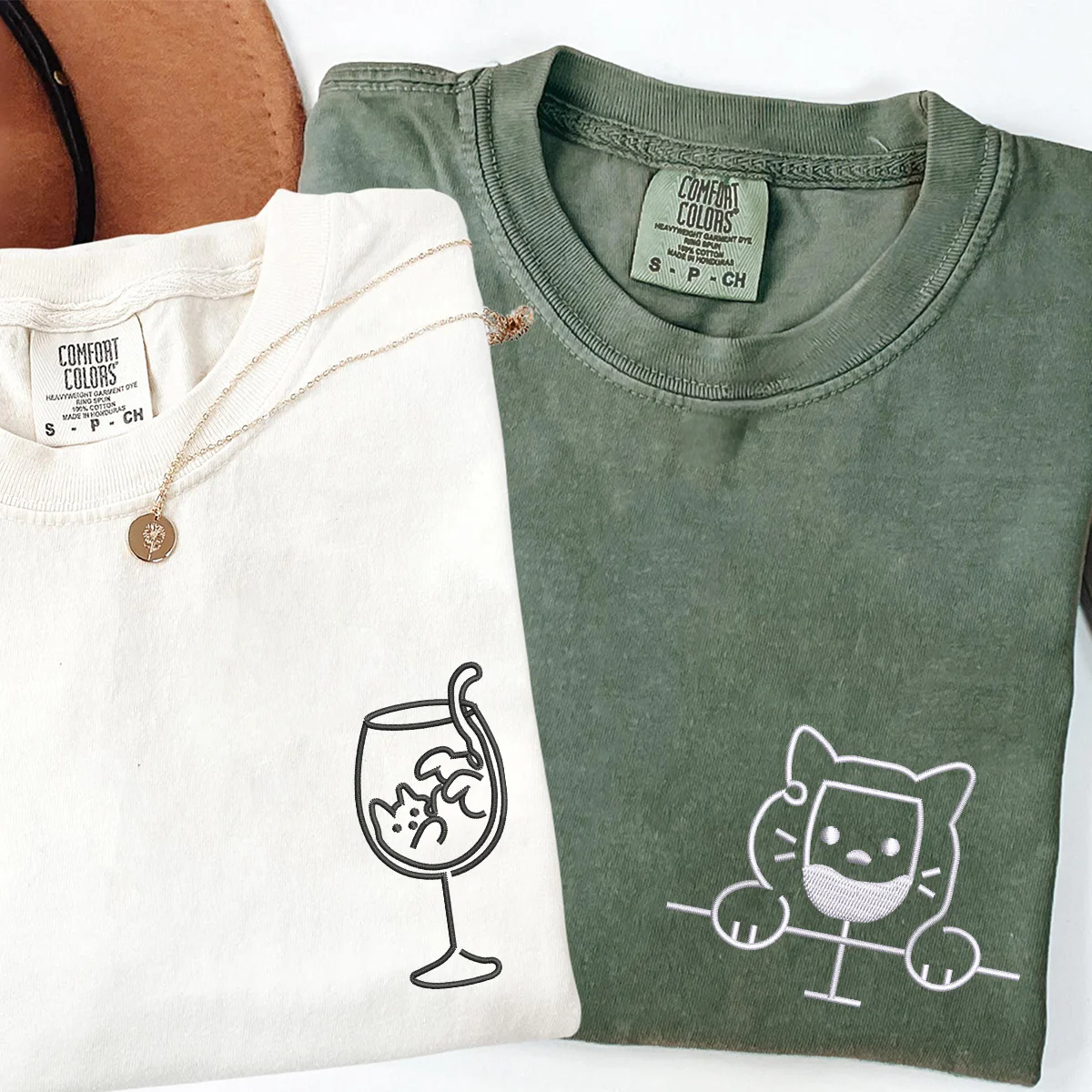 Custom Embroidered Cat Drinking Glasses Matching T-shirts for Couples - Image 3