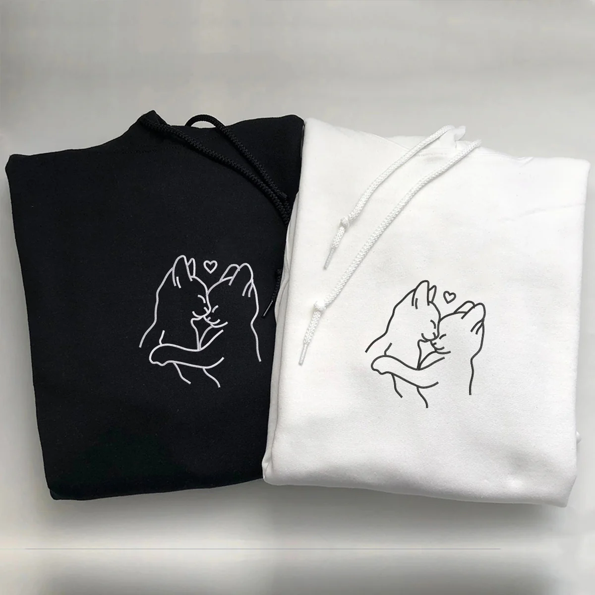 Custom Embroidered Cat Hug Matching Hoodies for Couples