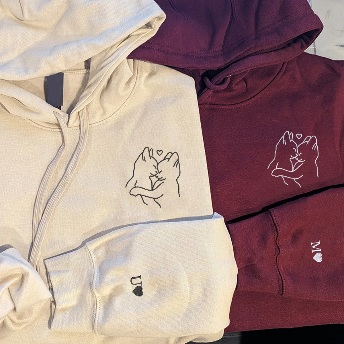 Custom Embroidered Cat Hug Matching Hoodies for Couples - Image 3