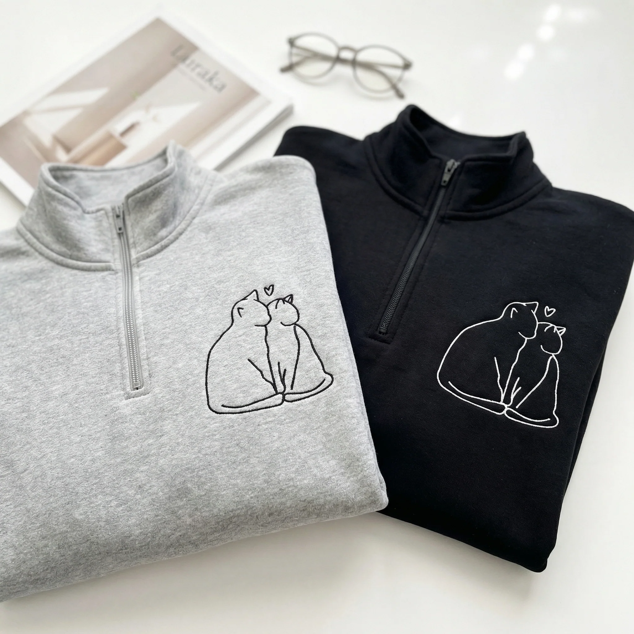 Custom Embroidered Cat Love Matching Quarter Zip Sweatshirts & Full-Zip Hoodie for Couples