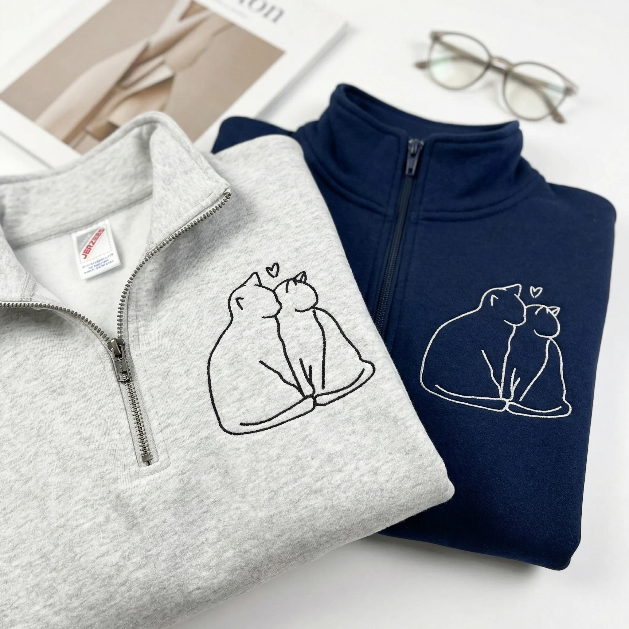 Custom Embroidered Cat Love Matching Quarter Zip Sweatshirts & Full-Zip Hoodie for Couples - Image 2