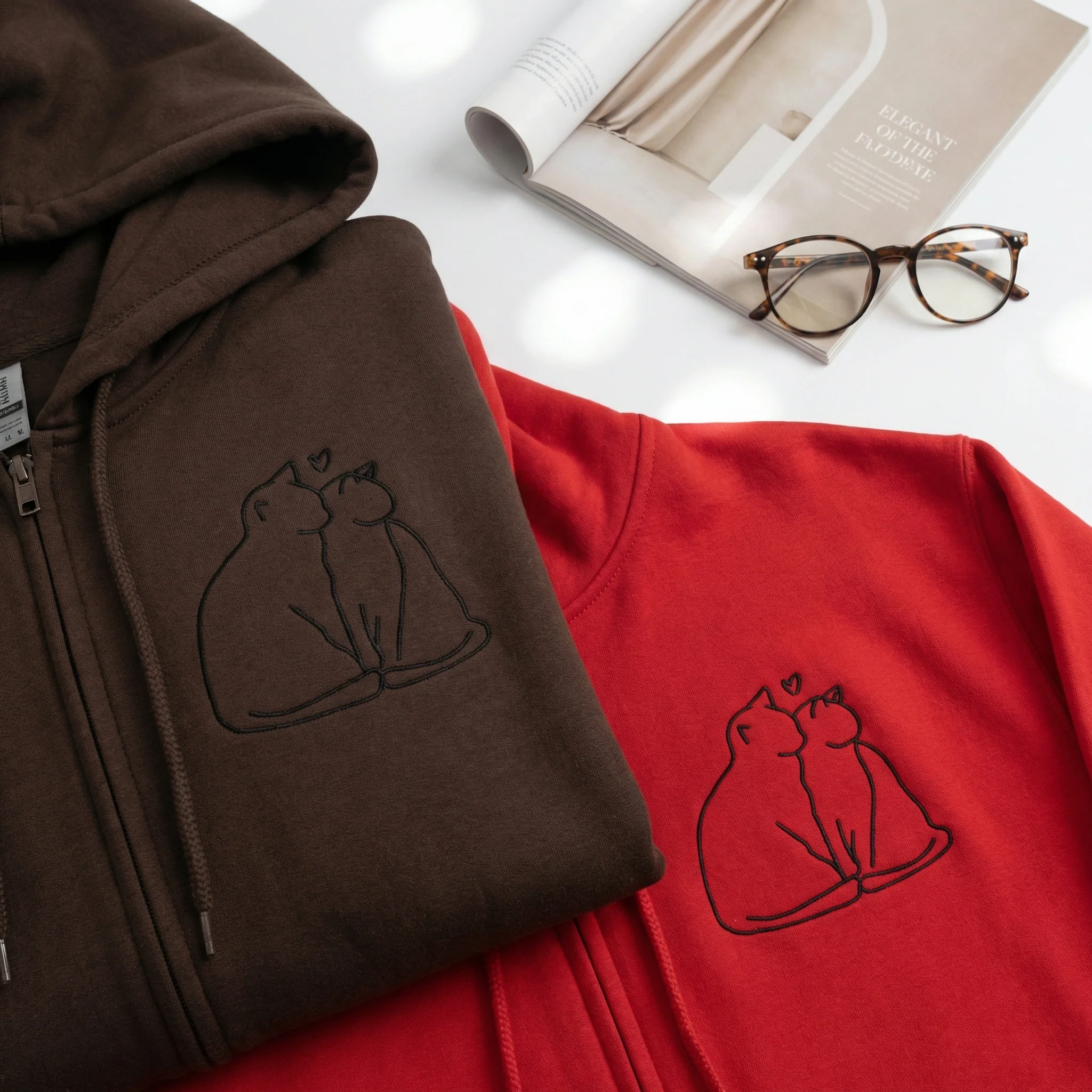 Custom Embroidered Cat Love Matching Quarter Zip Sweatshirts & Full-Zip Hoodie for Couples - Image 3