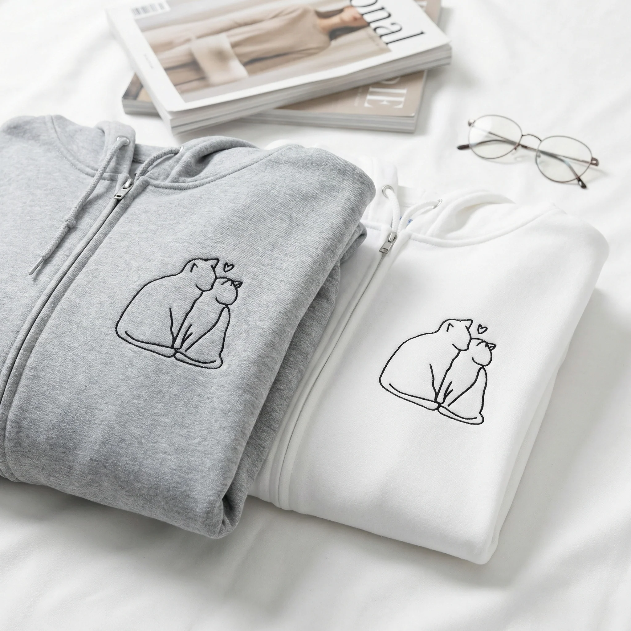 Custom Embroidered Cat Love Matching Quarter Zip Sweatshirts & Full-Zip Hoodie for Couples - Image 4