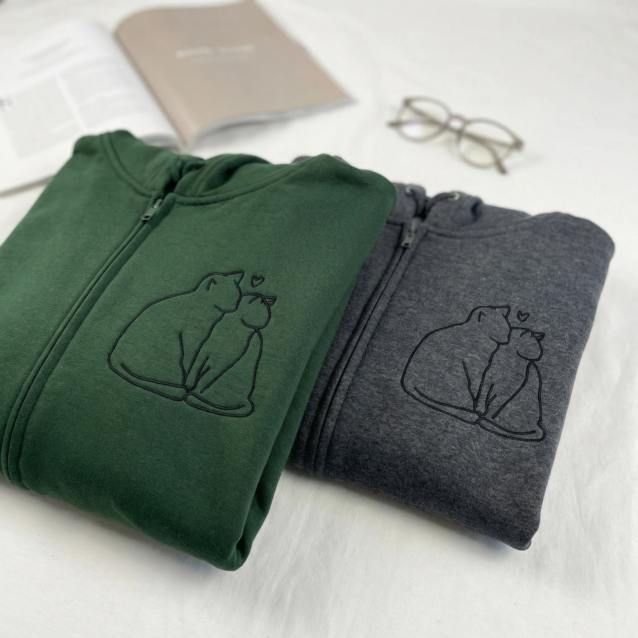 Custom Embroidered Cat Love Matching Quarter Zip Sweatshirts & Full-Zip Hoodie for Couples - Image 5