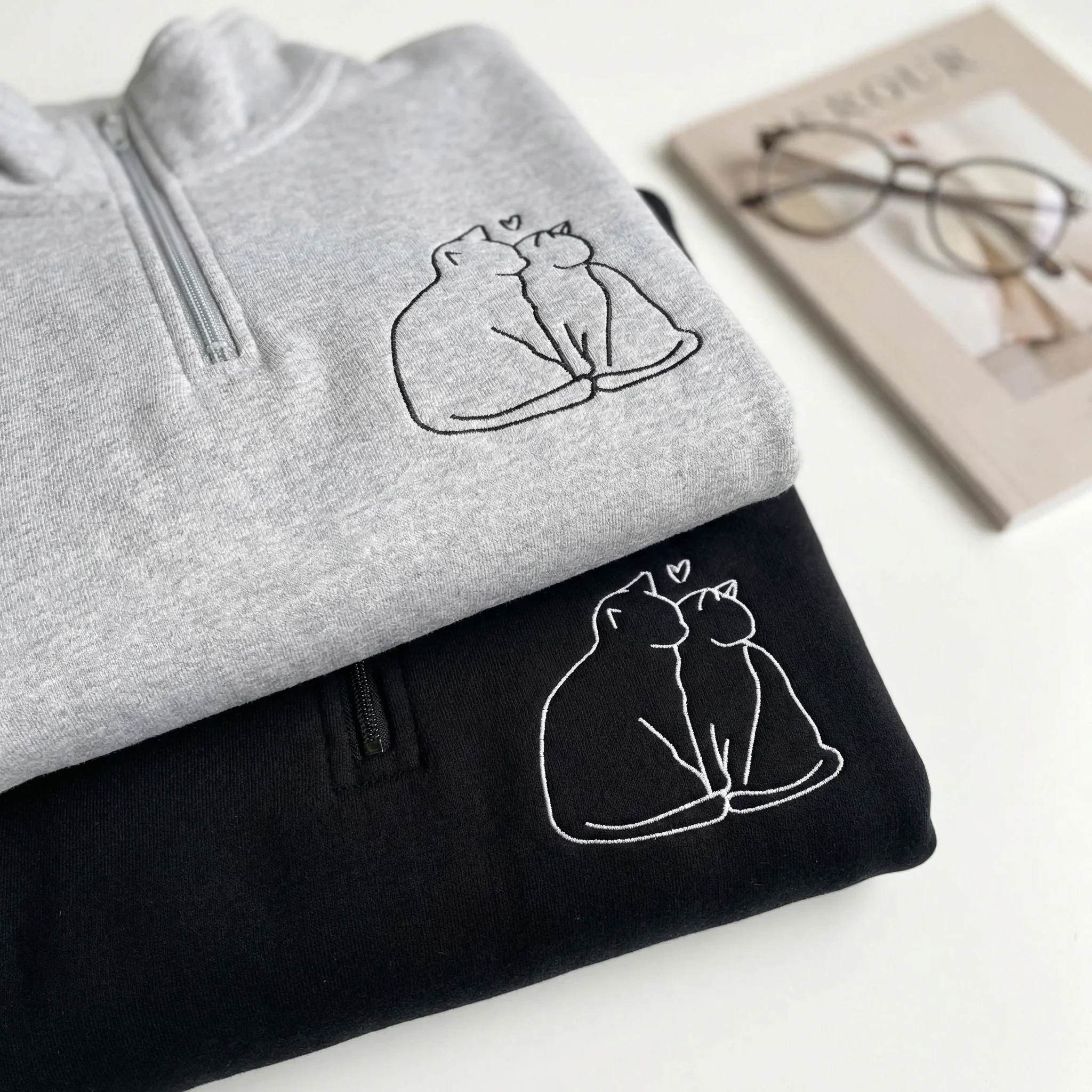 Custom Embroidered Cat Love Matching Quarter Zip Sweatshirts & Full-Zip Hoodie for Couples - Image 6