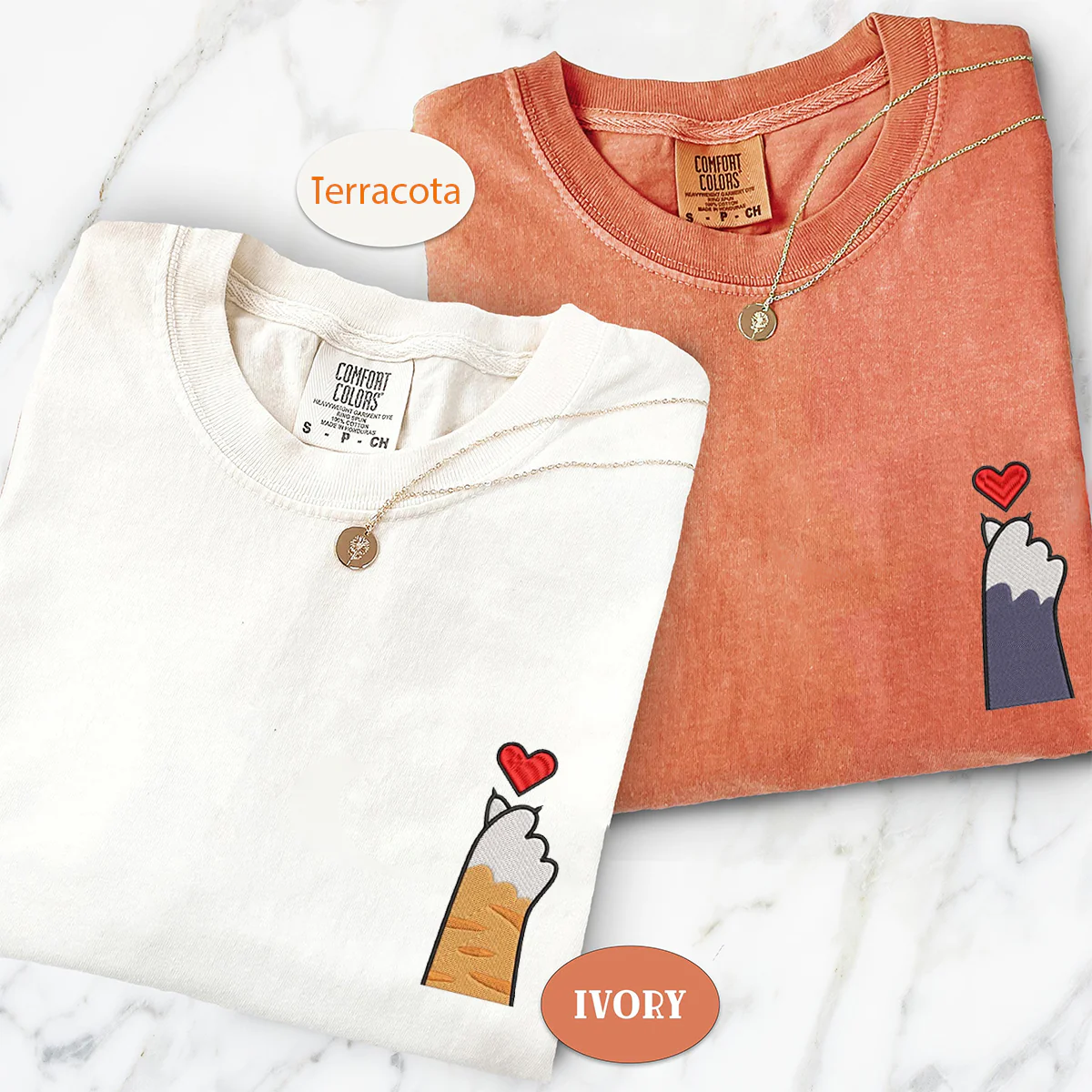 Custom Embroidered Cat Paw Heart Matching T-shirts for Couples