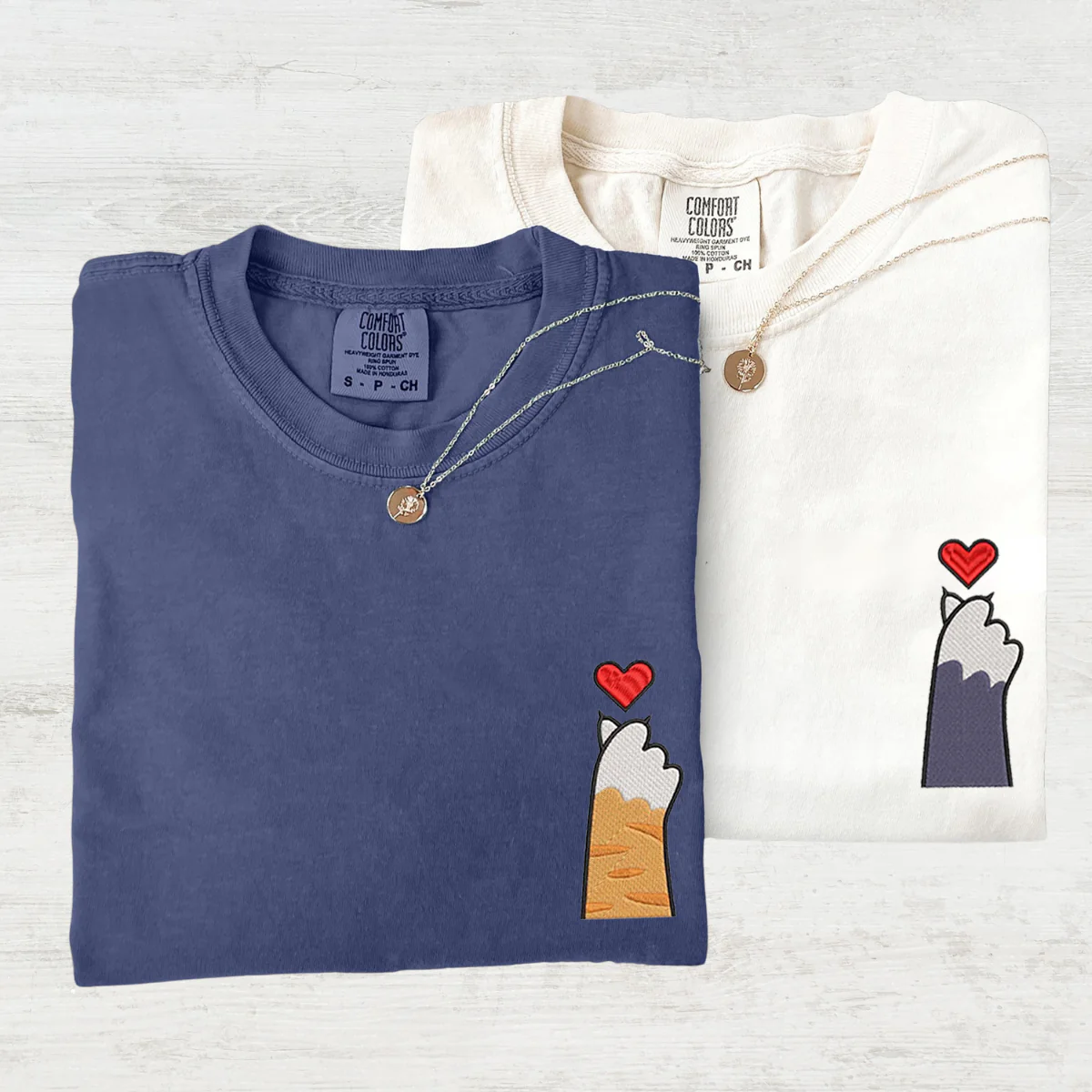 Custom Embroidered Cat Paw Heart Matching T-shirts for Couples - Image 3