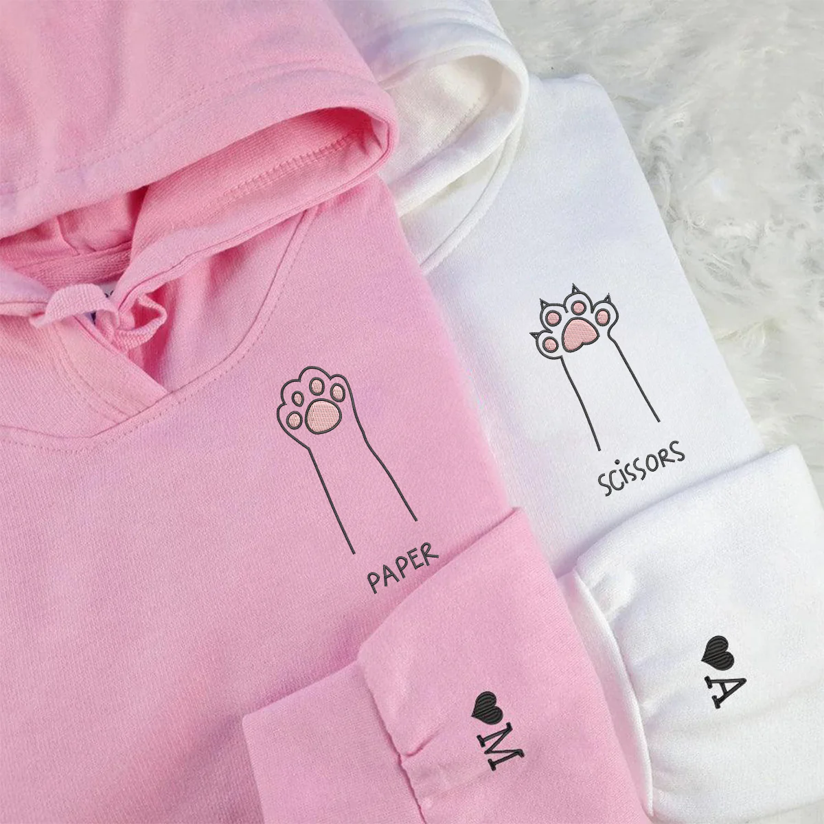 Custom Embroidered Cat Paw Rock Paper Scissors Matching Hoodies for Couples