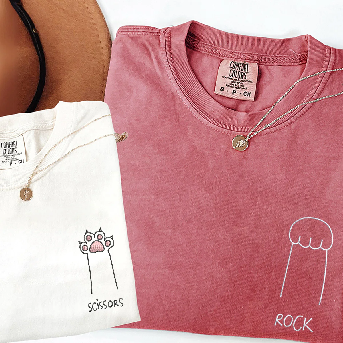 Custom Embroidered Cat Paw Rock Paper Scissors Matching T-shirts for Couples - Image 2
