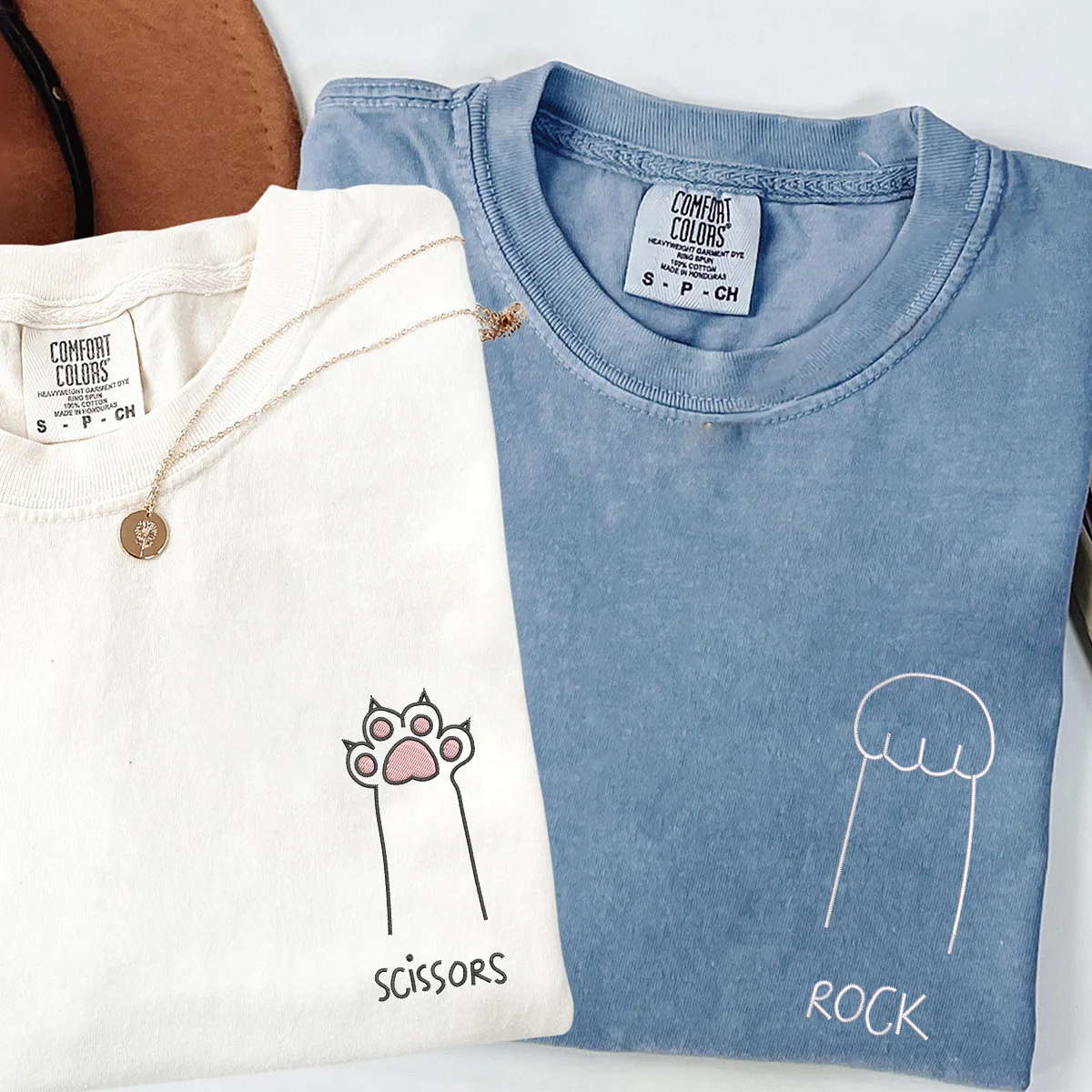 Custom Embroidered Cat Paw Rock Paper Scissors Matching T-shirts for Couples - Image 3