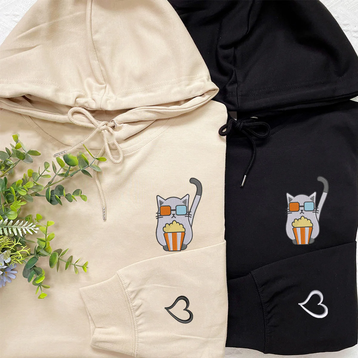 Custom Embroidered Cat Watching Movie Matching Hoodies for Couples - Image 4