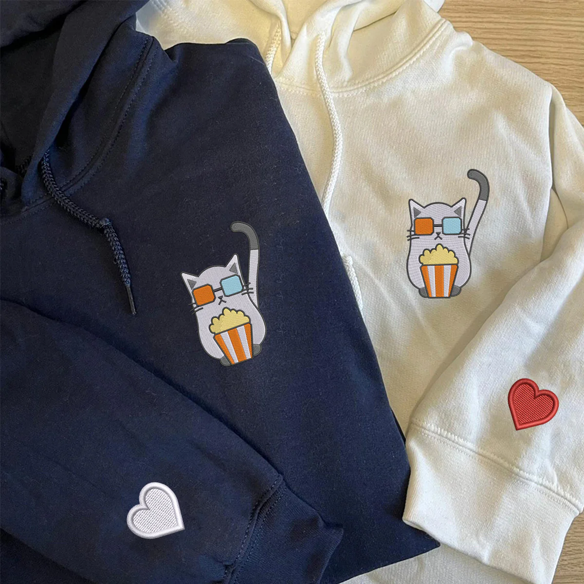 Custom Embroidered Cat Watching Movie Matching Hoodies for Couples - Image 5