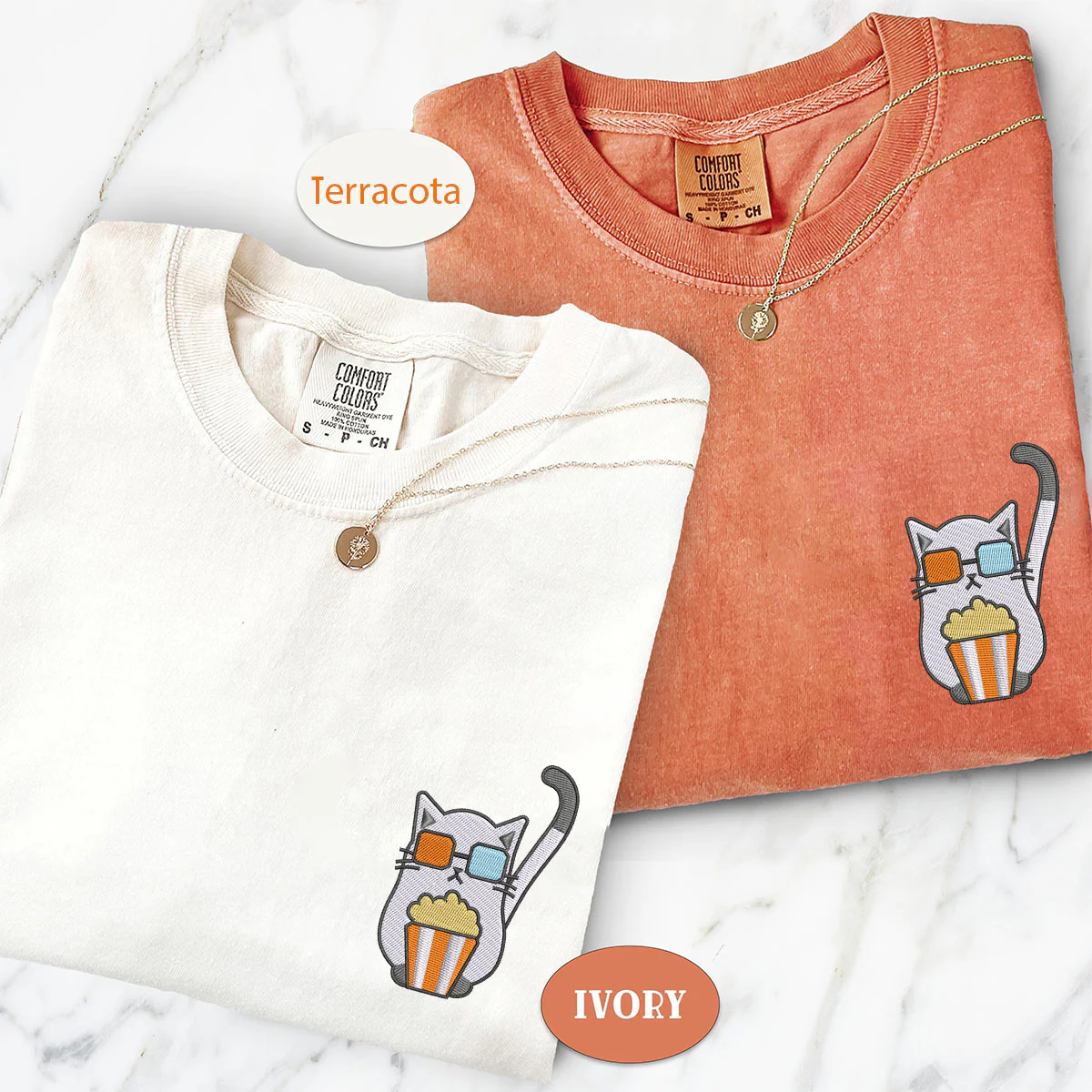 Custom Embroidered Cat Watching Movie Matching T-shirts for Couples - Image 2