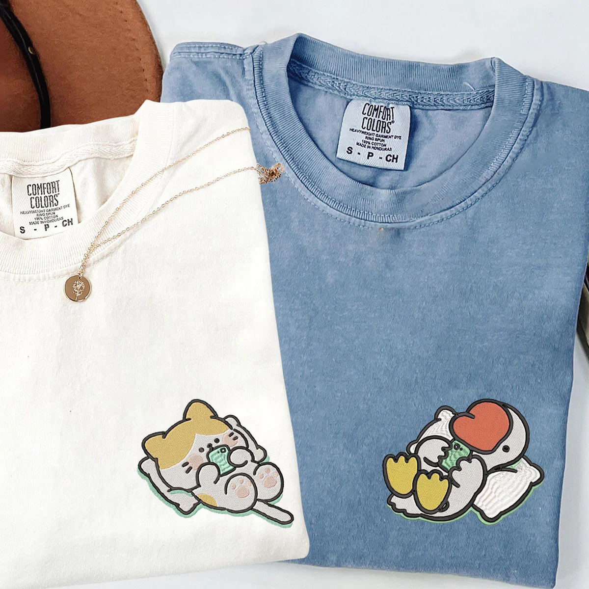 Custom Embroidered Cat x Cute Goose Matching T-shirts for Couples
