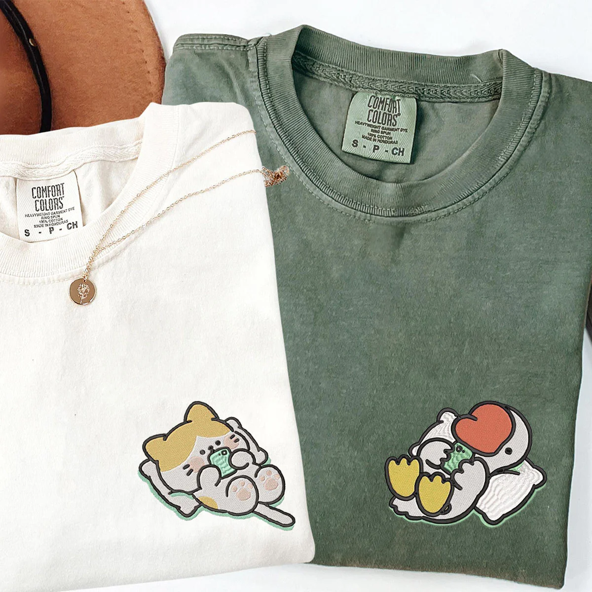 Custom Embroidered Cat x Cute Goose Matching T-shirts for Couples - Image 3
