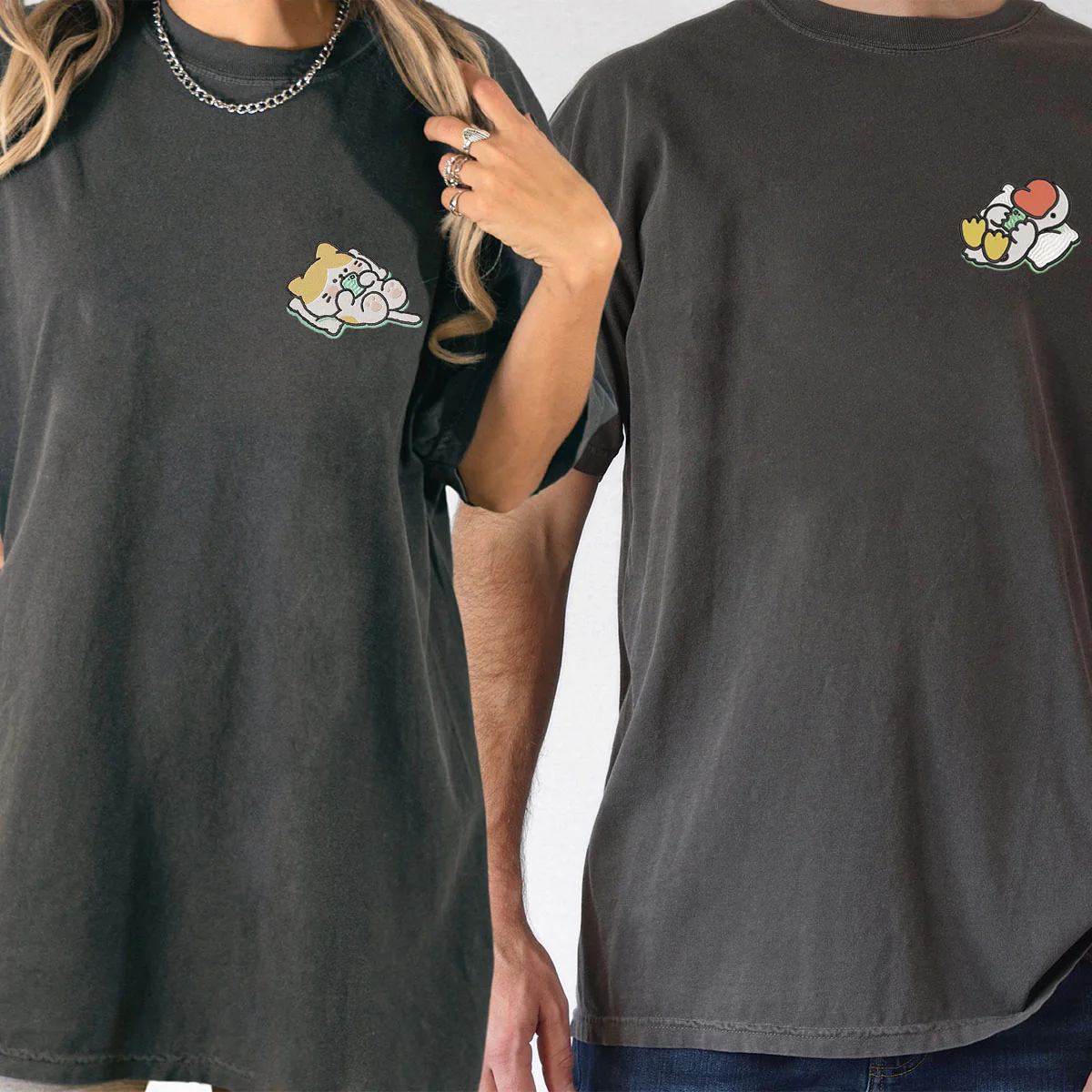 Custom Embroidered Cat x Cute Goose Matching T-shirts for Couples - Image 6