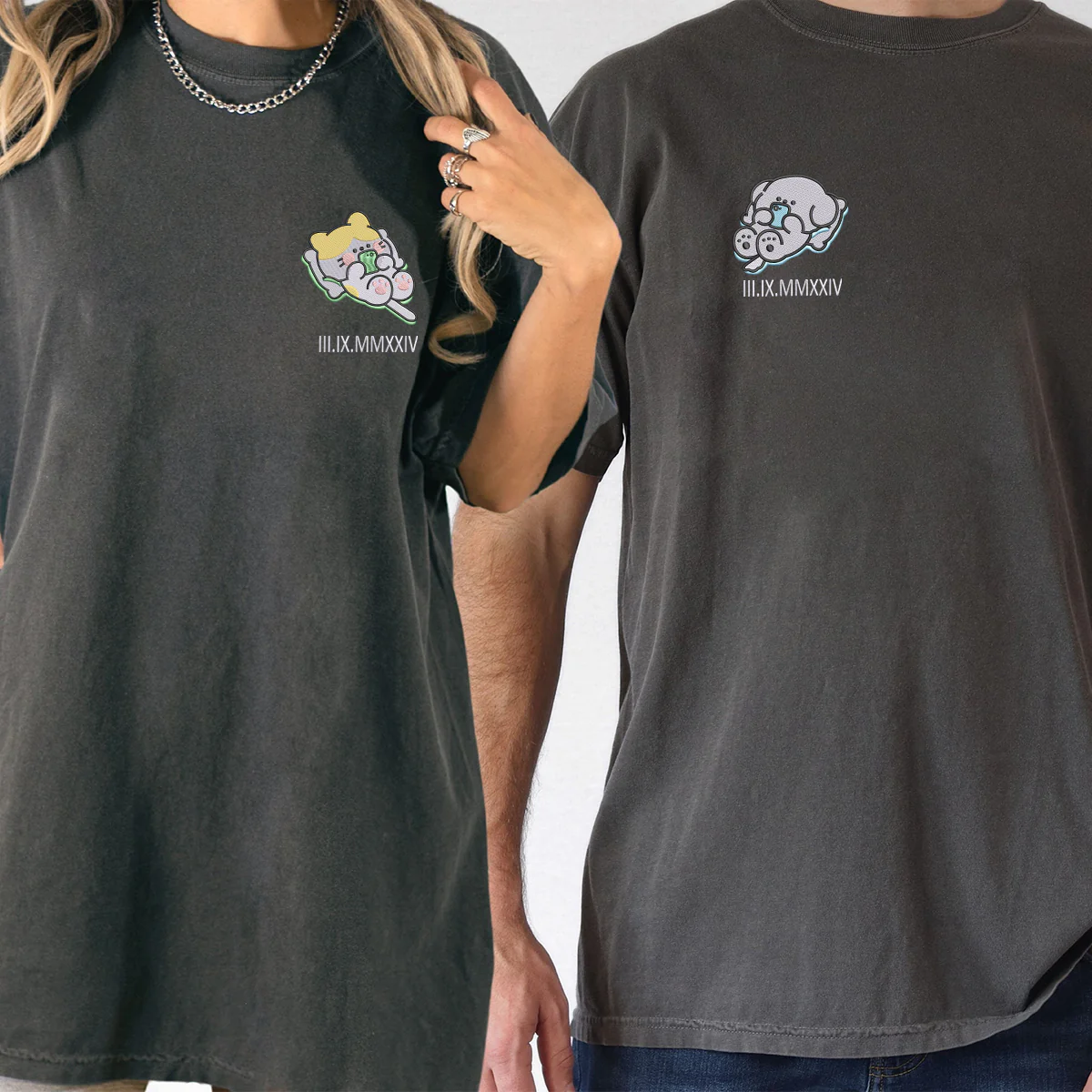 Custom Embroidered Cat x Dog Custom Roman Numeral Matching T-shirts for Couples - Image 6