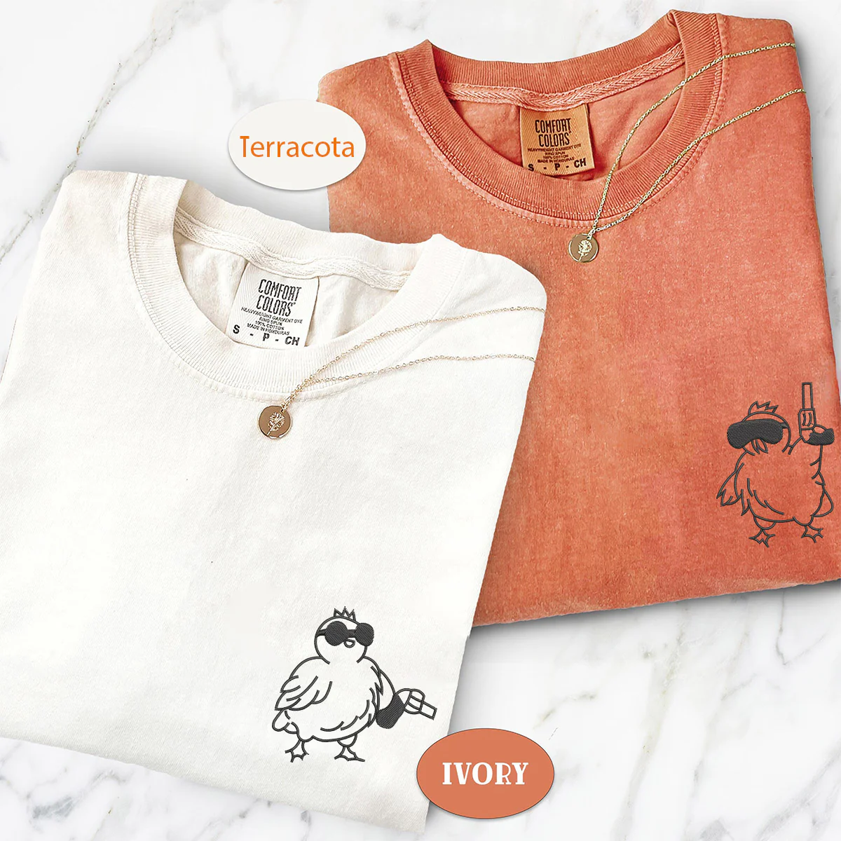 Custom Embroidered Chicken with Gun Matching T-shirts for Couples - Image 2