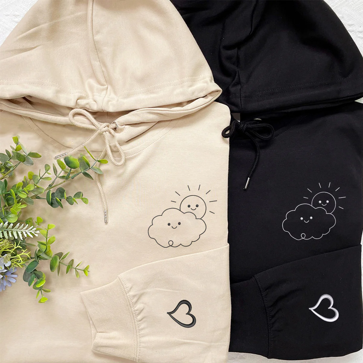 Custom Embroidered Cloud & Sun Matching Hoodies for Couples - Image 2