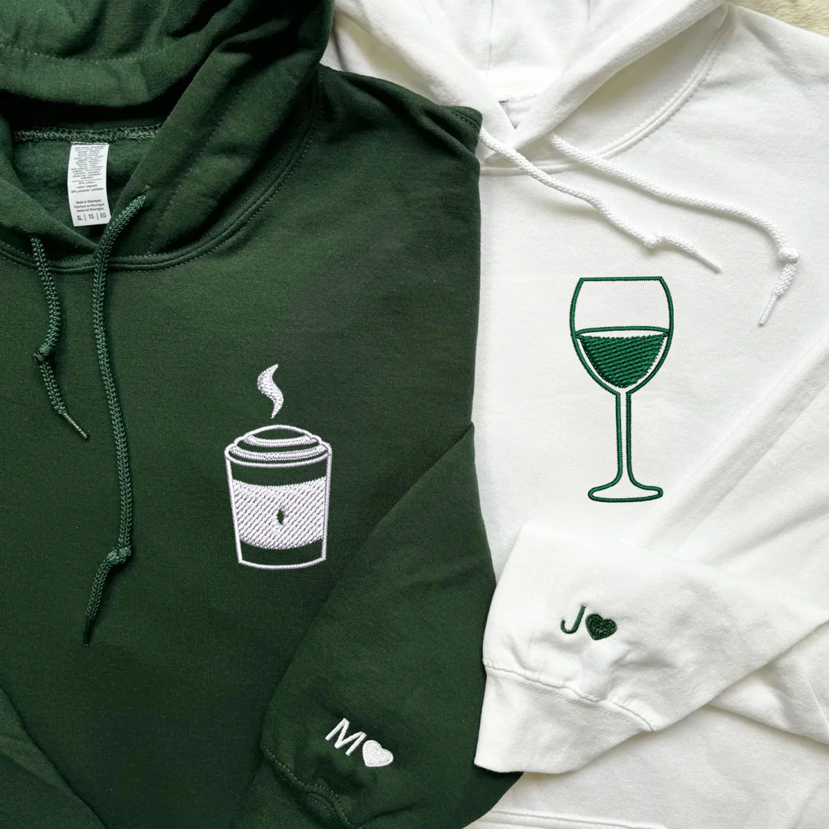 Custom Embroidered Coffee and Wine Matching Hoodies for Couples - Image 3