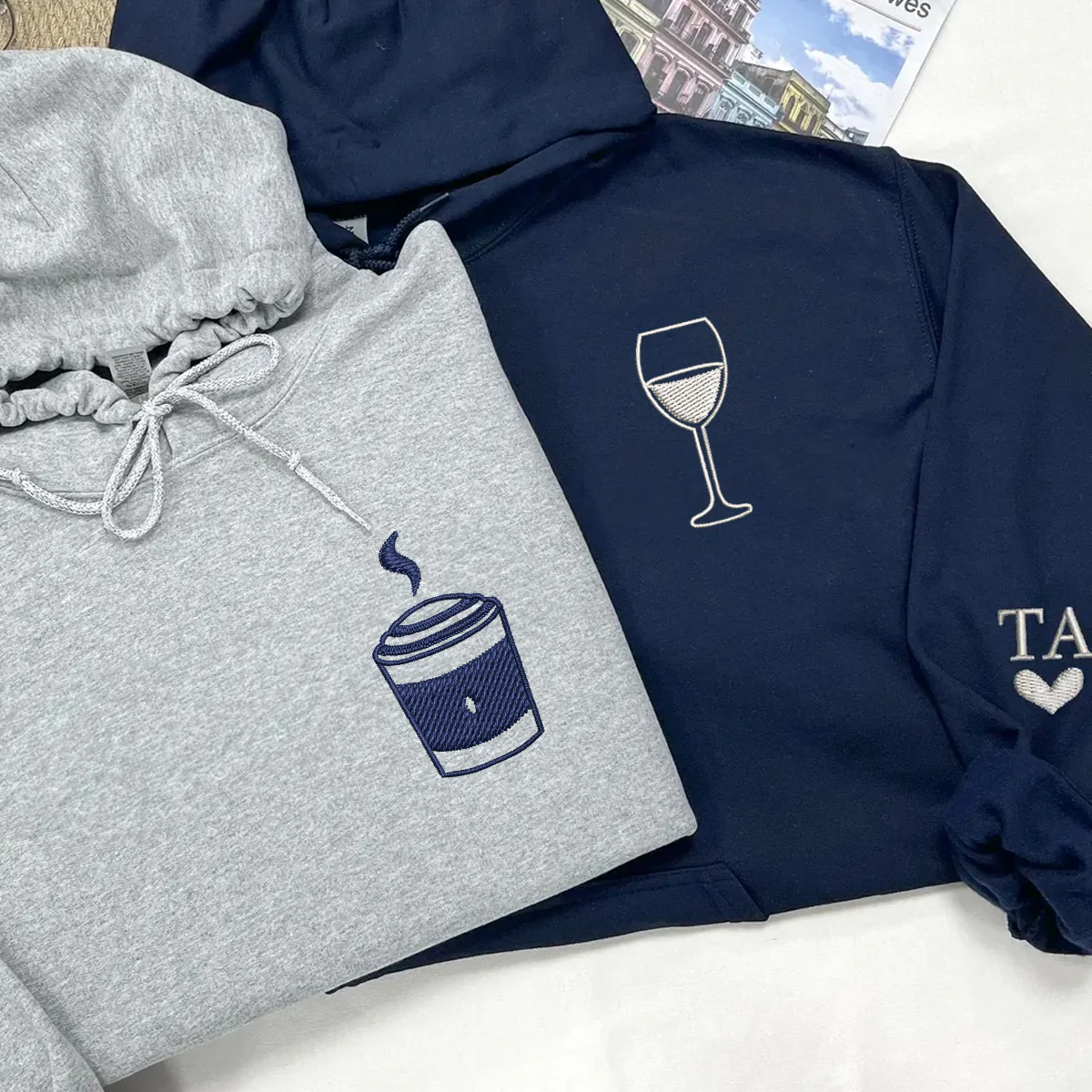 Custom Embroidered Coffee and Wine Matching Hoodies for Couples - Image 6