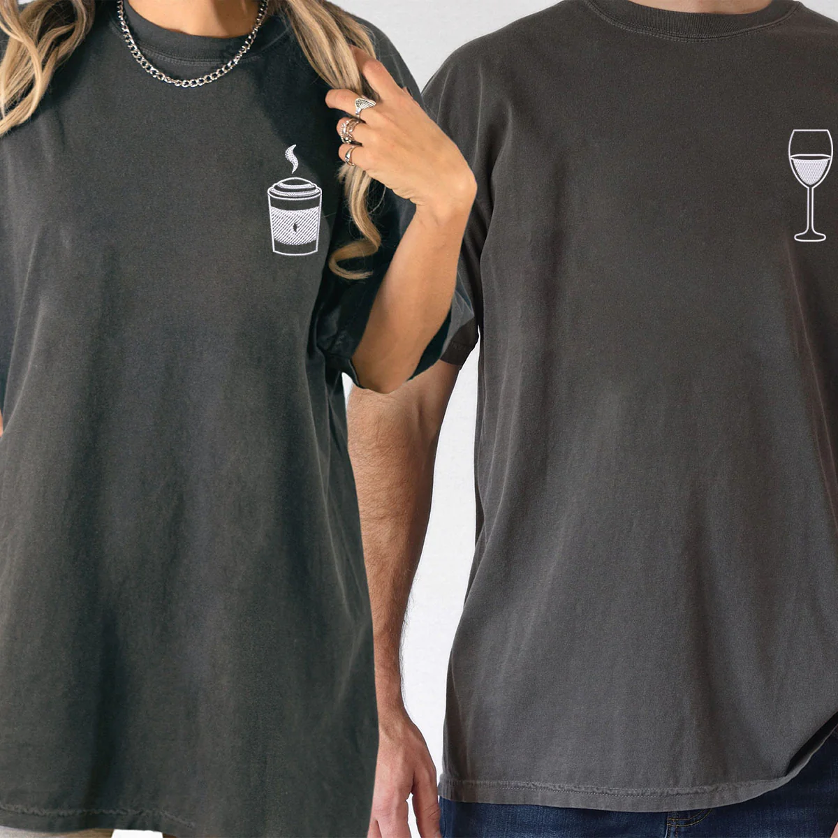 Custom Embroidered Coffee and Wine Matching T-shirts for Couples - Image 6