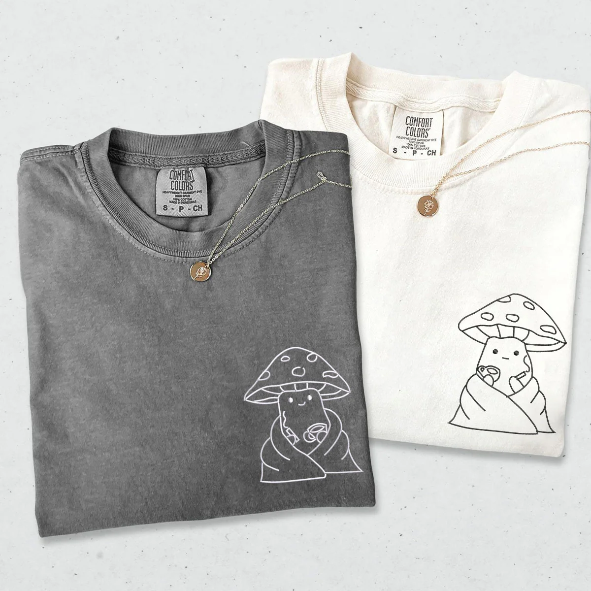 Custom Embroidered Coffee Drinking Mushroom Matching T-shirts for Couples