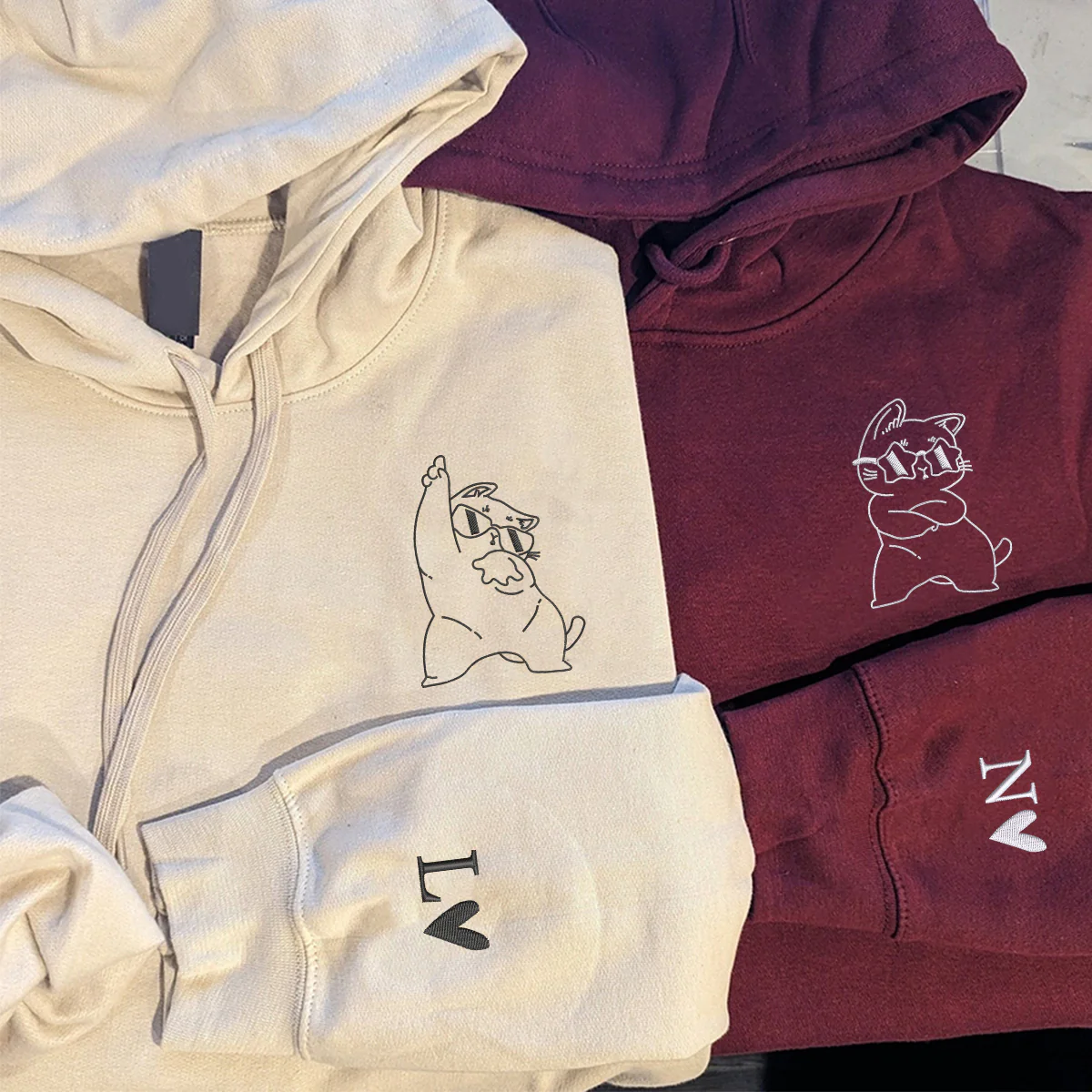 Custom Embroidered Cool Cat Matching Hoodies for Couples - Image 3