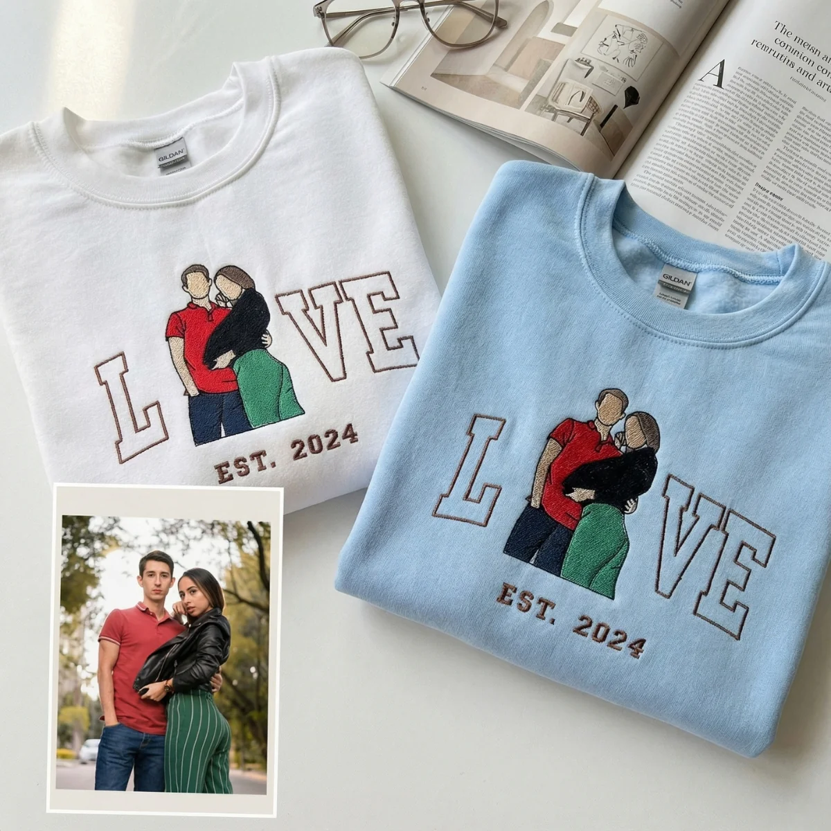 Custom Embroidered Couple Portrait from Photo Sweatshirt - Valentine’s Day Hoodie for Couples