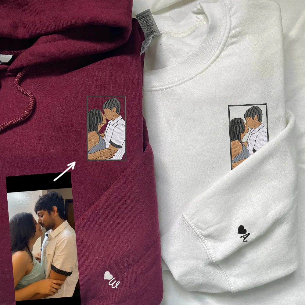 Custom Embroidered Couple Portrait Full-color Sweatshirt Hoodie, Personalized Couple Photo Sweatshirts Hoodies - Image 3