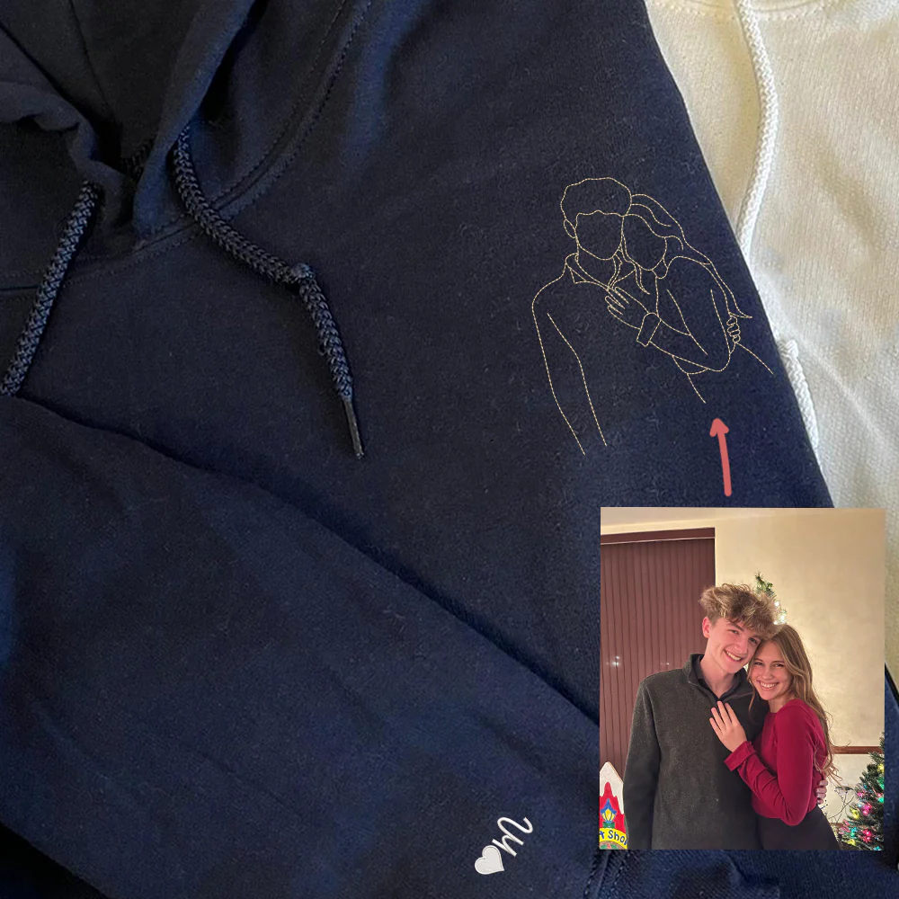 Custom Embroidered Couples Portrait Sweatshirt, Custom Embroidery from Photo Couple Hoodie, Memorable Gift Idea - Image 3