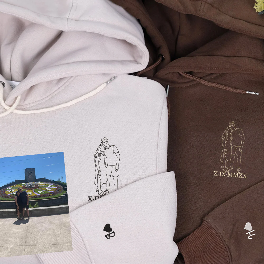 Custom Embroidered Couples Portrait Sweatshirt, Custom Embroidery from Photo Couple Hoodie, Perfect Couple Gift - Image 3