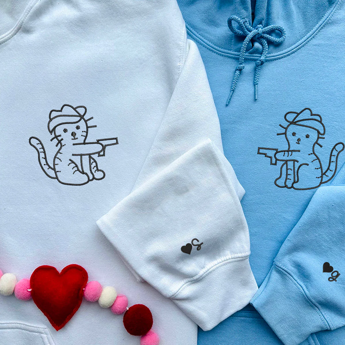 Custom Embroidered Cowboy Cat Guns Matching Hoodies for Couples - Image 7