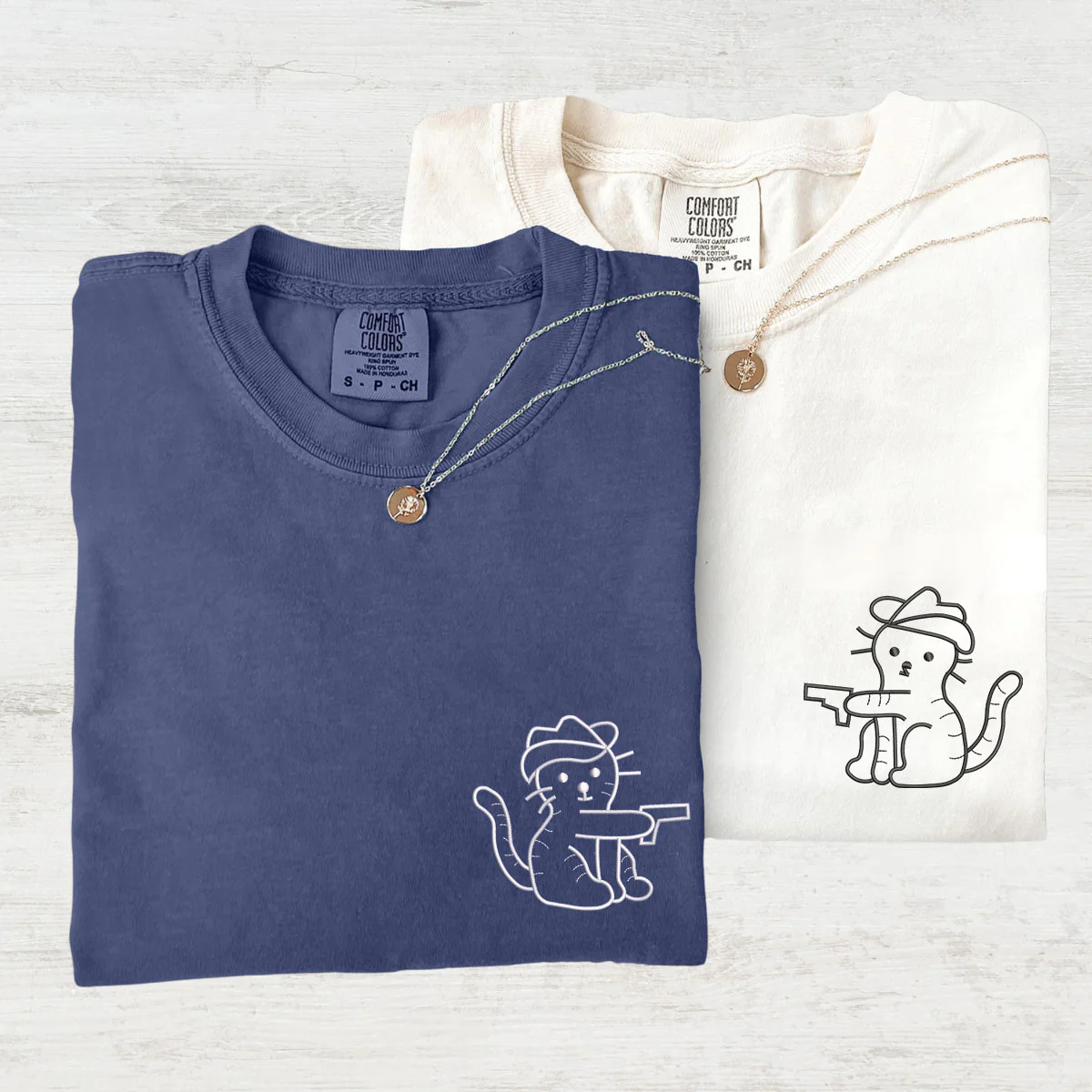 Custom Embroidered Cowboy Cat Guns Matching T-shirts for Couples - Image 2