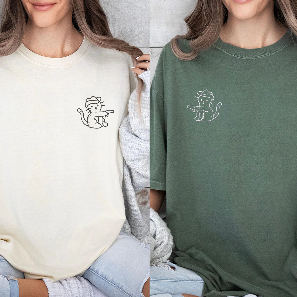 Custom Embroidered Cowboy Cat Guns Matching T-shirts for Couples - Image 6