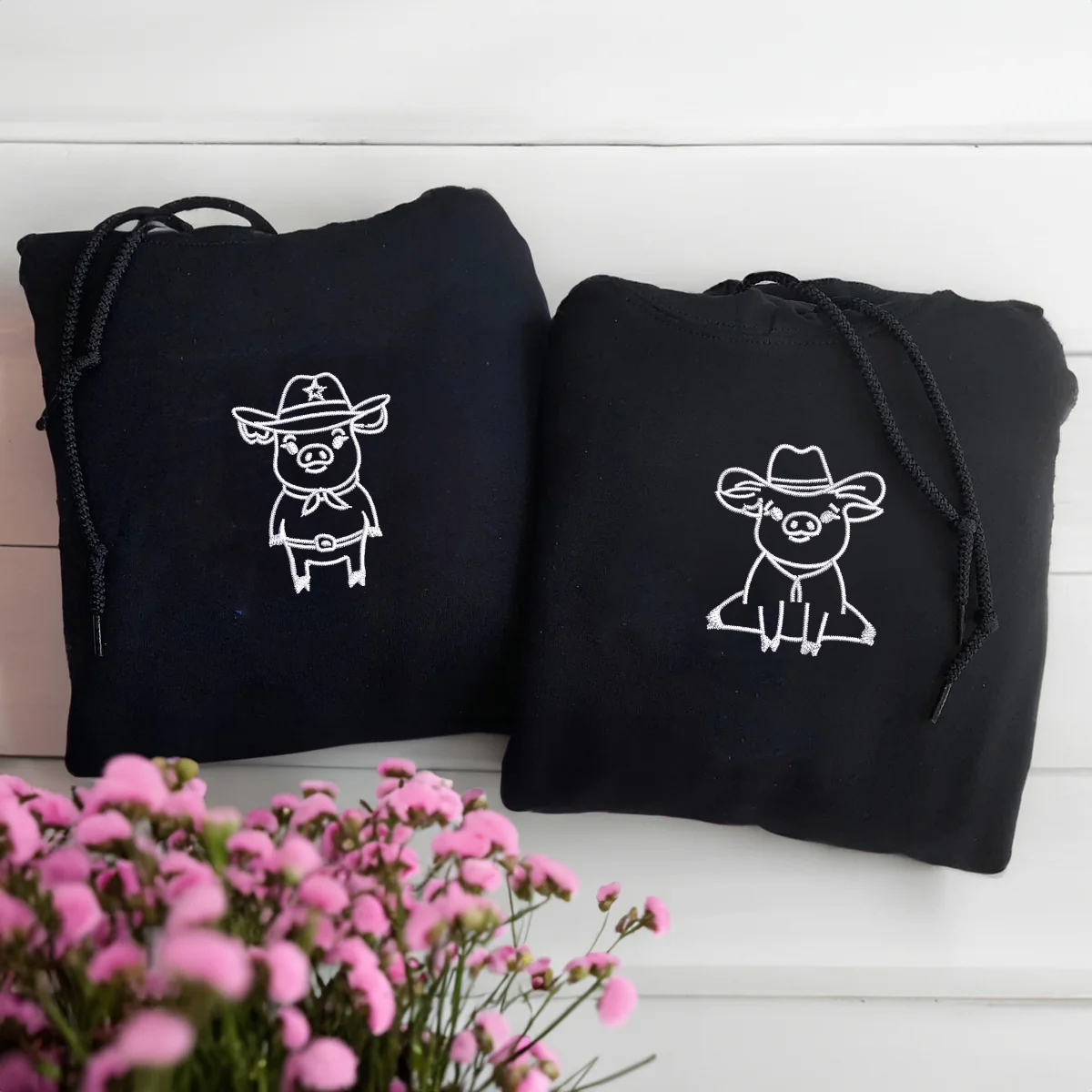 Custom Embroidered Cowboy Pigs Matching Hoodies for Couples - Image 3