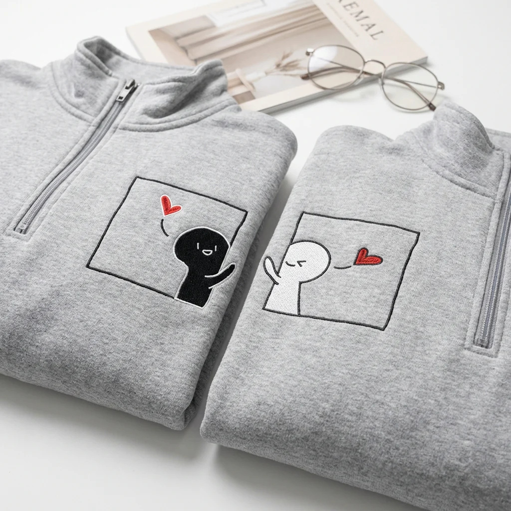 Custom Embroidered Cute Cartoon Matching Quarter Zip Sweatshirts & Full-Zip Hoodie for Couples