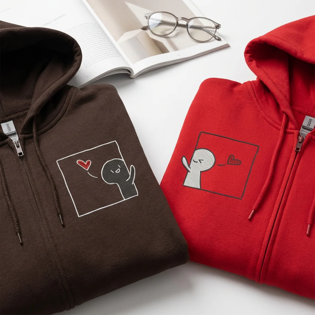 Custom Embroidered Cute Cartoon Matching Quarter Zip Sweatshirts & Full-Zip Hoodie for Couples - Image 2