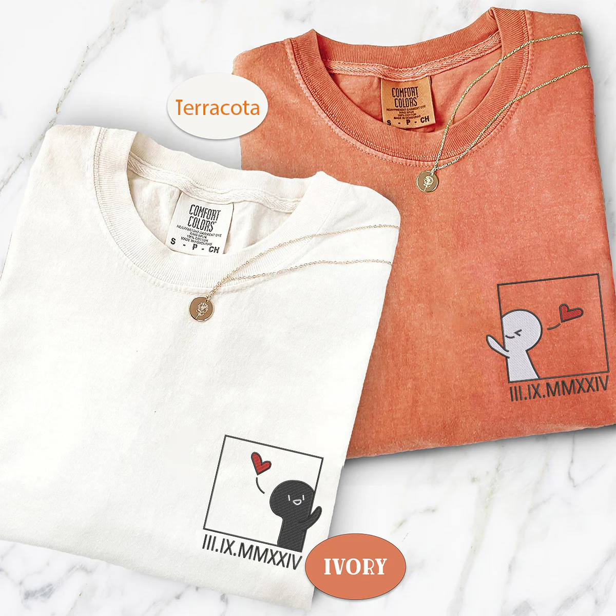 Custom Embroidered Cute Cartoon Roman Numeral Matching T-shirts for Couples - Image 2