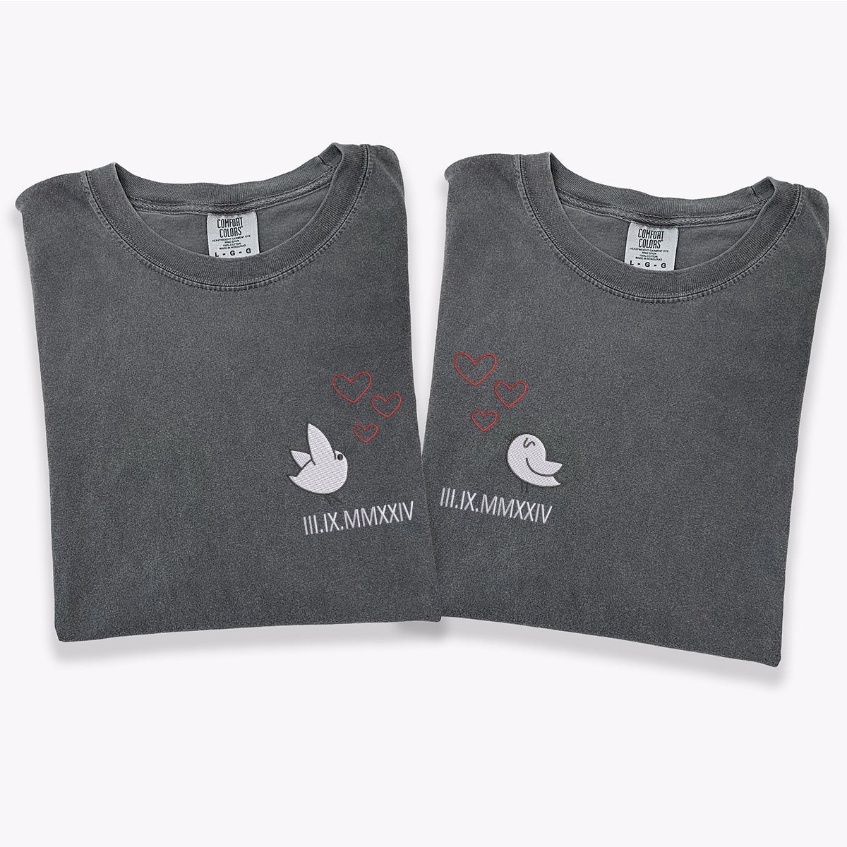 Custom Embroidered Cute Couple Birds Custom Roman Numeral Matching T-shirts for Couples - Image 2